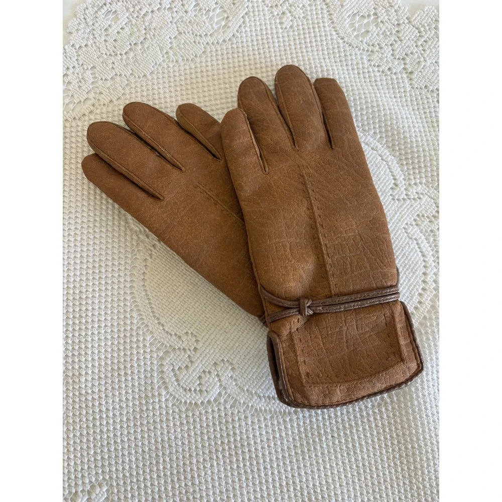Vintage Tan Brown Leather Faux Shearling Lined Winter Gloves Women Small